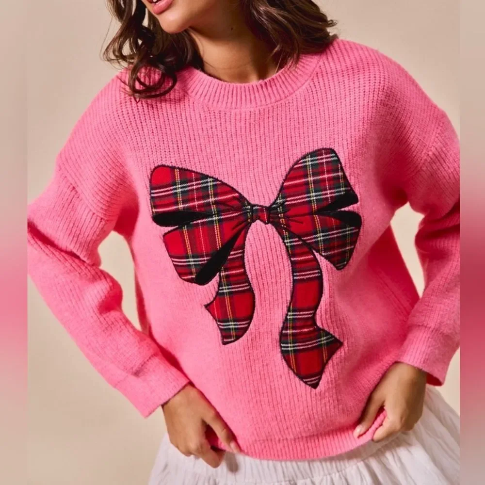 SO ME Women's Pink Plaid Bow Appliqué Sweater Oversized Holiday Knits sz XL